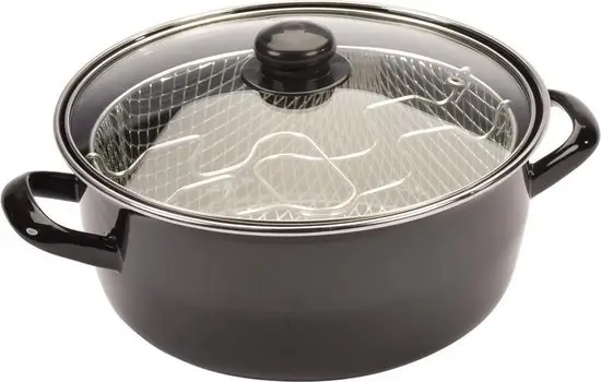Compacte emaille frituurpan met glazen deksel en inductiegeschikt.