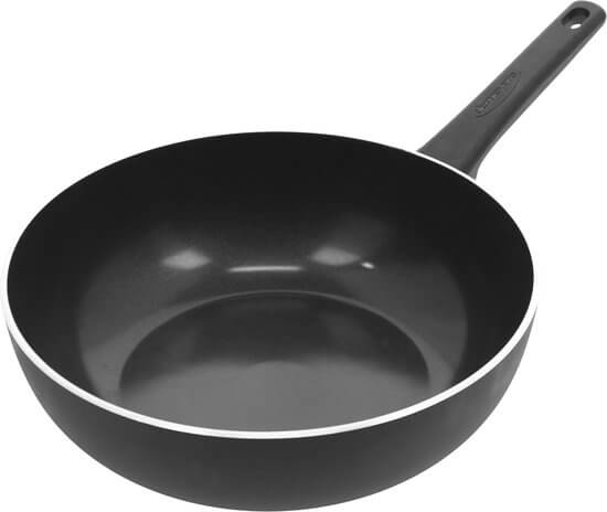 Demeyere Alu Classico 3 wokpan 28 cm geschikt voor inductie, keramische antiaanbaklaag en gelijkmatige warmteverdeling.