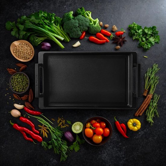 Eurolux teppanyaki plaat voor inductie met RVS grepen, 41 x 24 cm, zwart, anti-aanbaklaag.