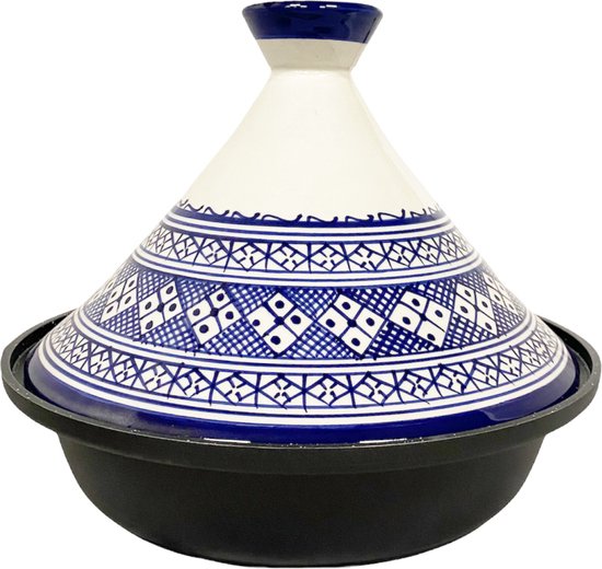 Handgemaakte Marokkaanse tajine met kleurrijk wit-blauw patroon, ideaal voor inductiekoken.