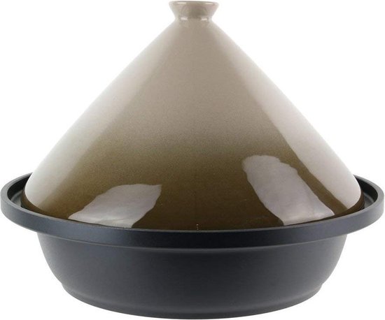 Stijlvolle witte keramische tajine met aardewerken deksel, geschikt voor inductie.