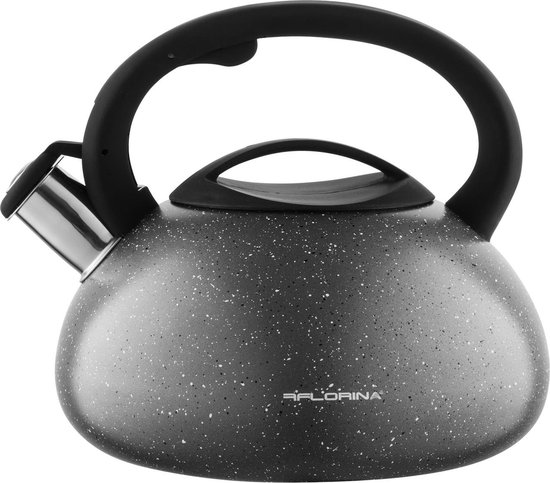 Stijlvolle Florina Lava fluitketel met cool-touch handvat geschikt voor inductie.